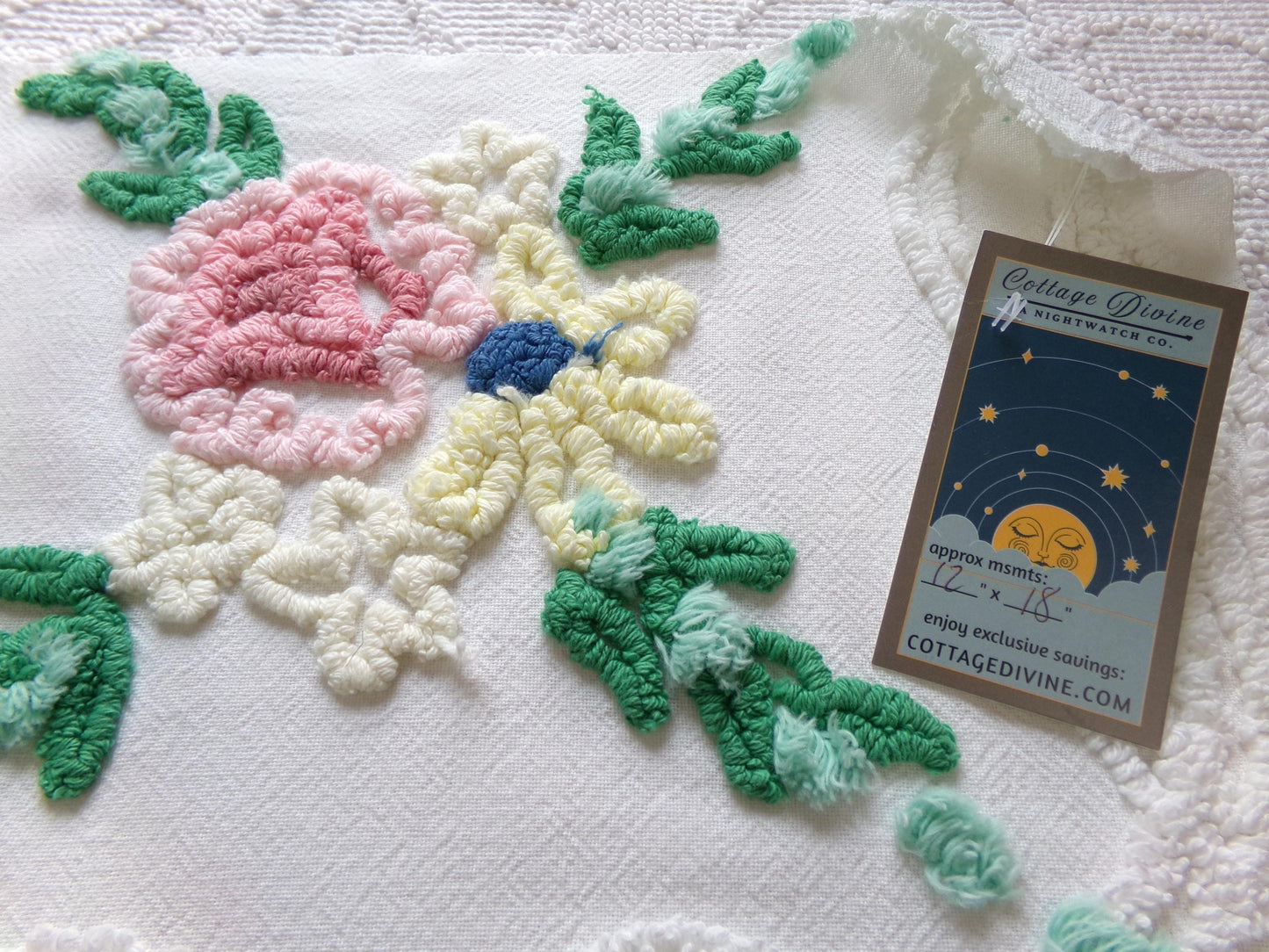 Cottage Style Vintage Chenille Fabric Bundle for Sewing, Quilting in Pink Floral, White & Green | 2 Pieces 12" x 18" each
