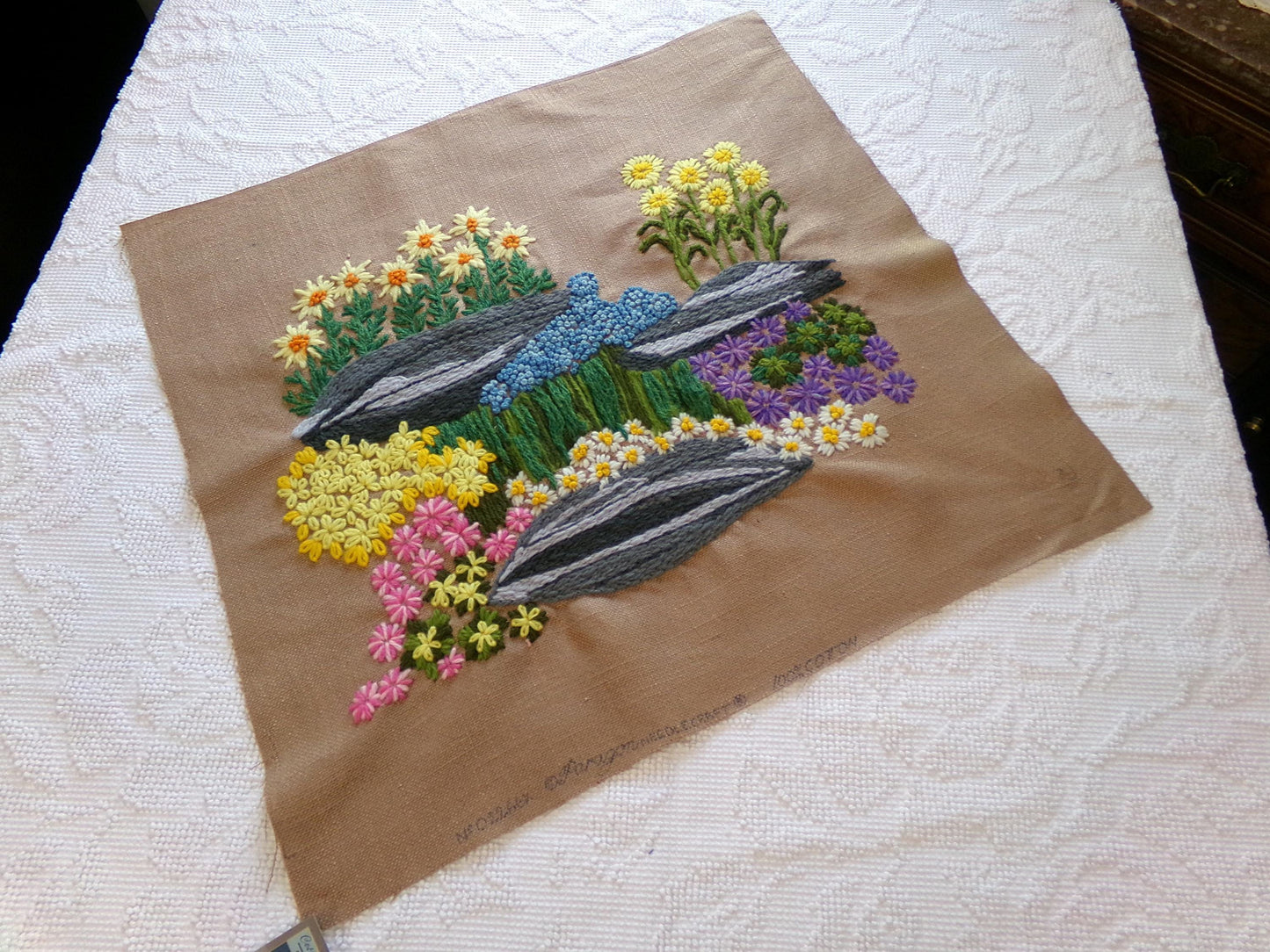 ROCK GARDEN Vintage Crewel Embroidery, FINISHED Boho Style Stitchery, Paragon Needlecraft #0215, Retro Floral Design by Barbara Sparre