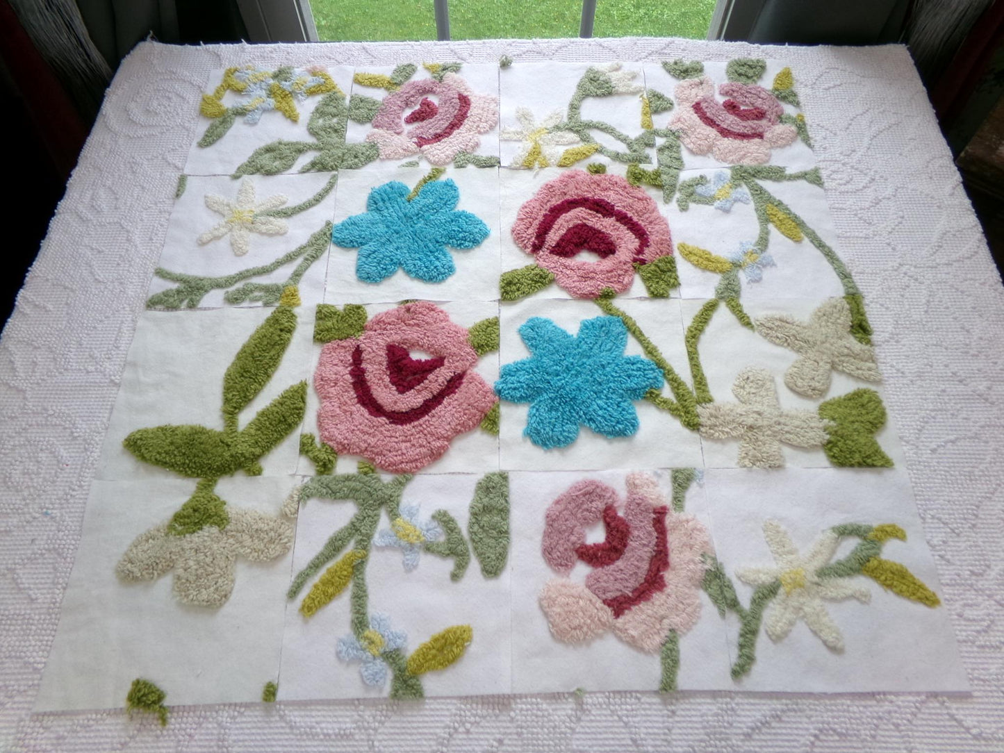 flower festival chenille fabric squares, set of 16 vintage floral 6" craft blocks, cottage designs for quilt inlays, pillows, fiber arts