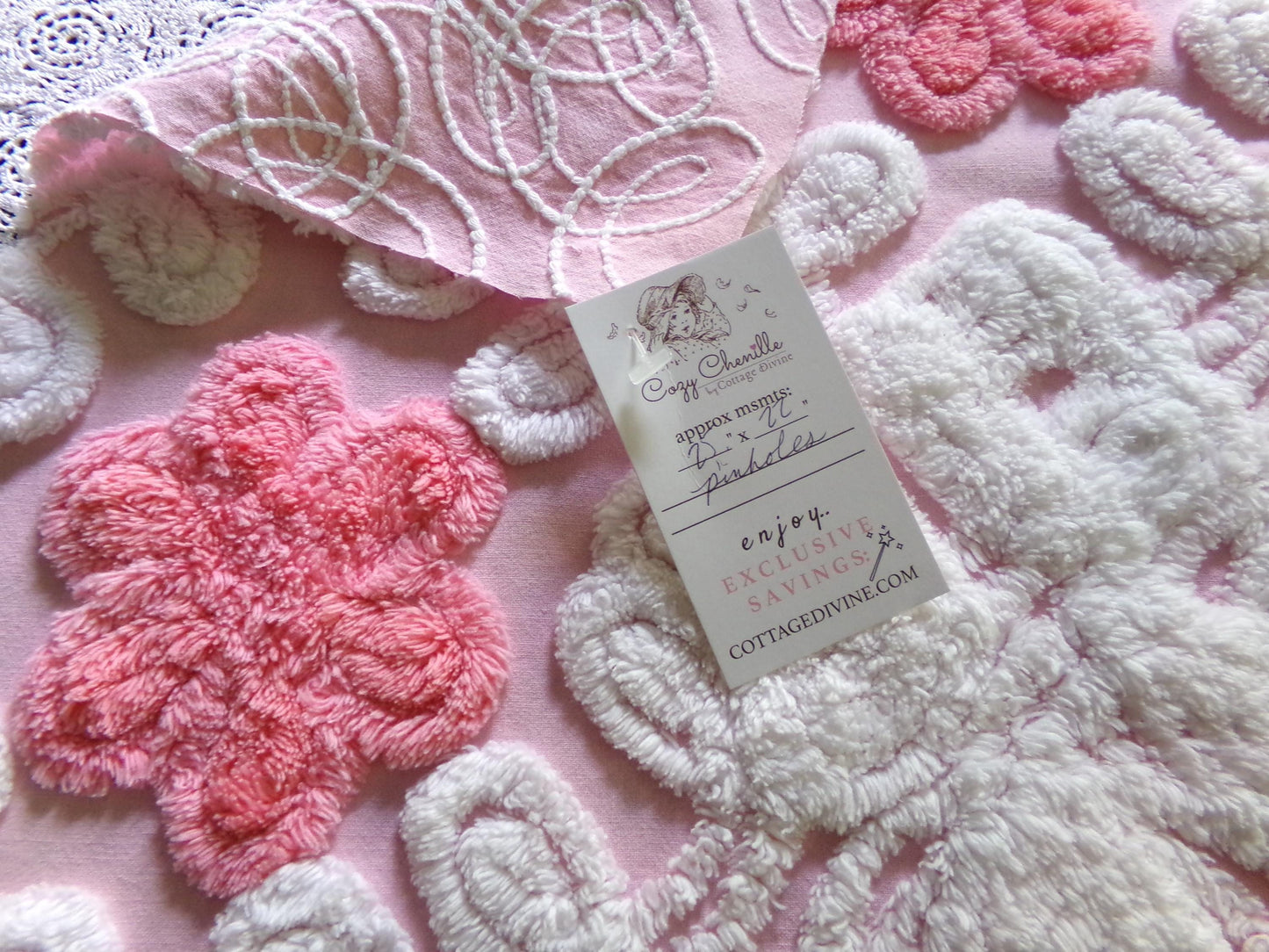 cupcake frosting pink chenille fabric, plush floral curlicue swirls, 22" x 25" inch piece of vintage material for sewing pillows & quilts