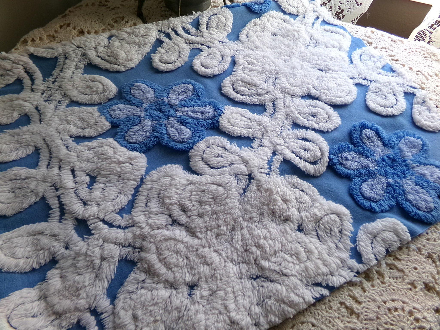 coastal cute blue chenille fabric, plush white swirls surround single flowers, 18" x 24" inch piece of vintage sewing material