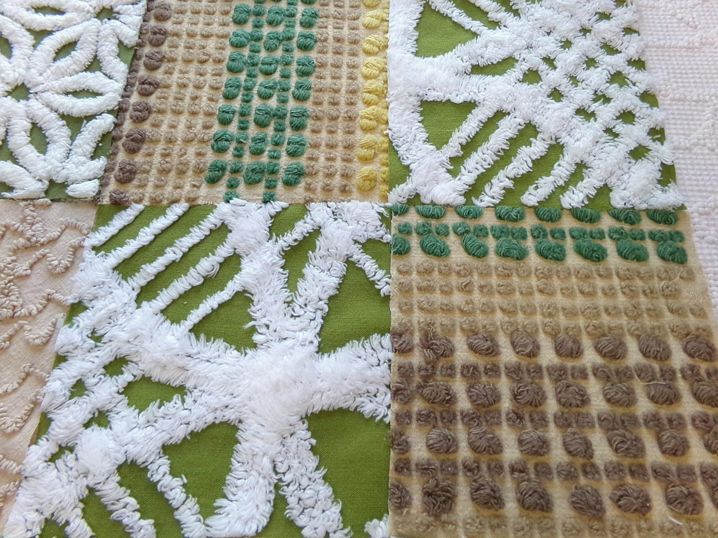 boho babe vintage chenille fabric squares, set of 16 earthtone olive, mocha, white quilt blocks 6" ea, for fiber arts, sewing, quilting