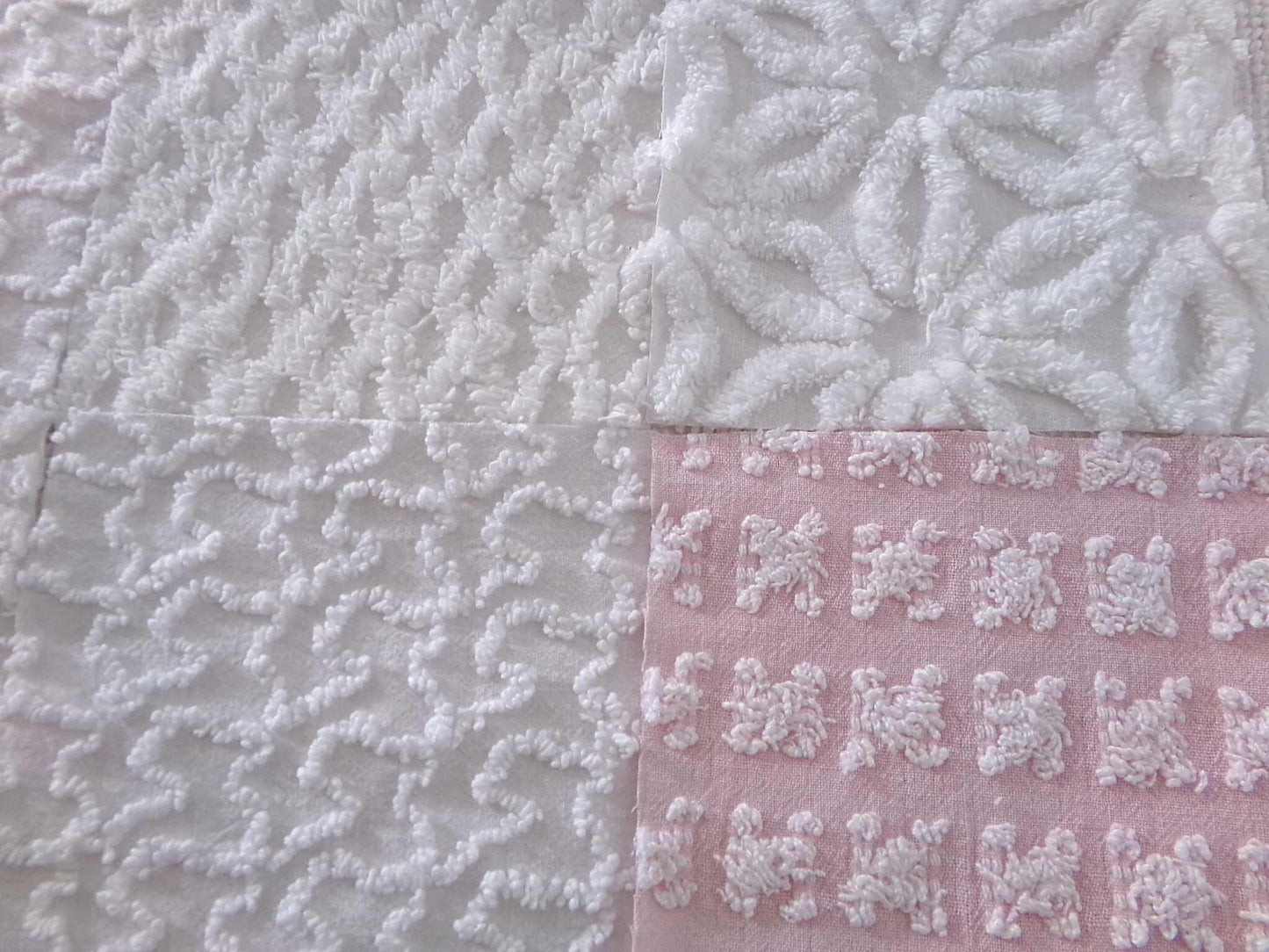 angel wings chenille fabric squares, pink & white rosebud, lattice, dots, squiggles, vintage square set of 16 quilt blocks, 6" x 6" inch