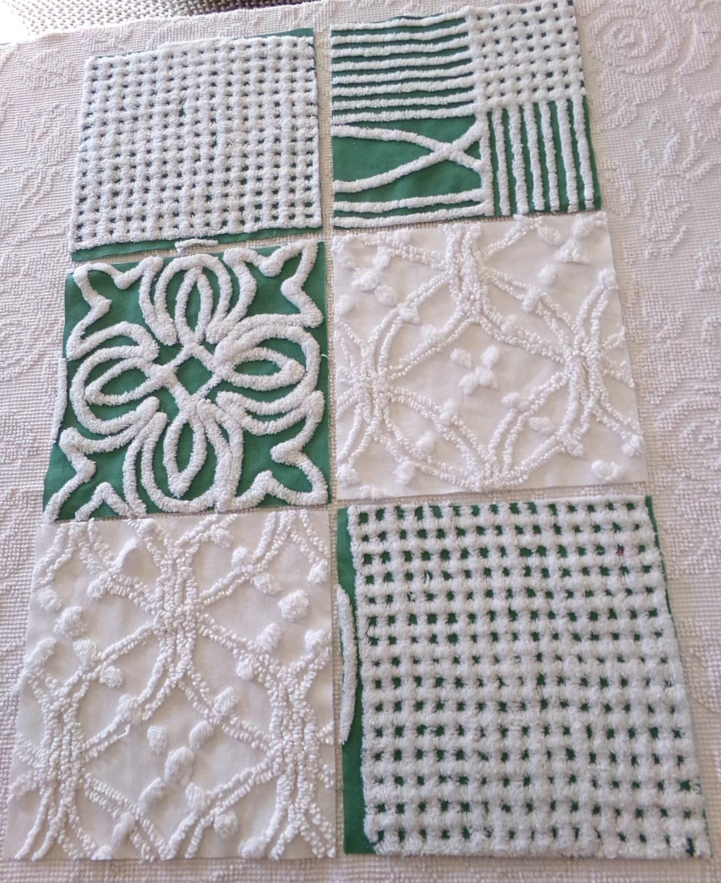 green & white chenille fabric squares, set of 6 large 9.5" square craft and quilt blocks, cut from vintage chenille bedspreads