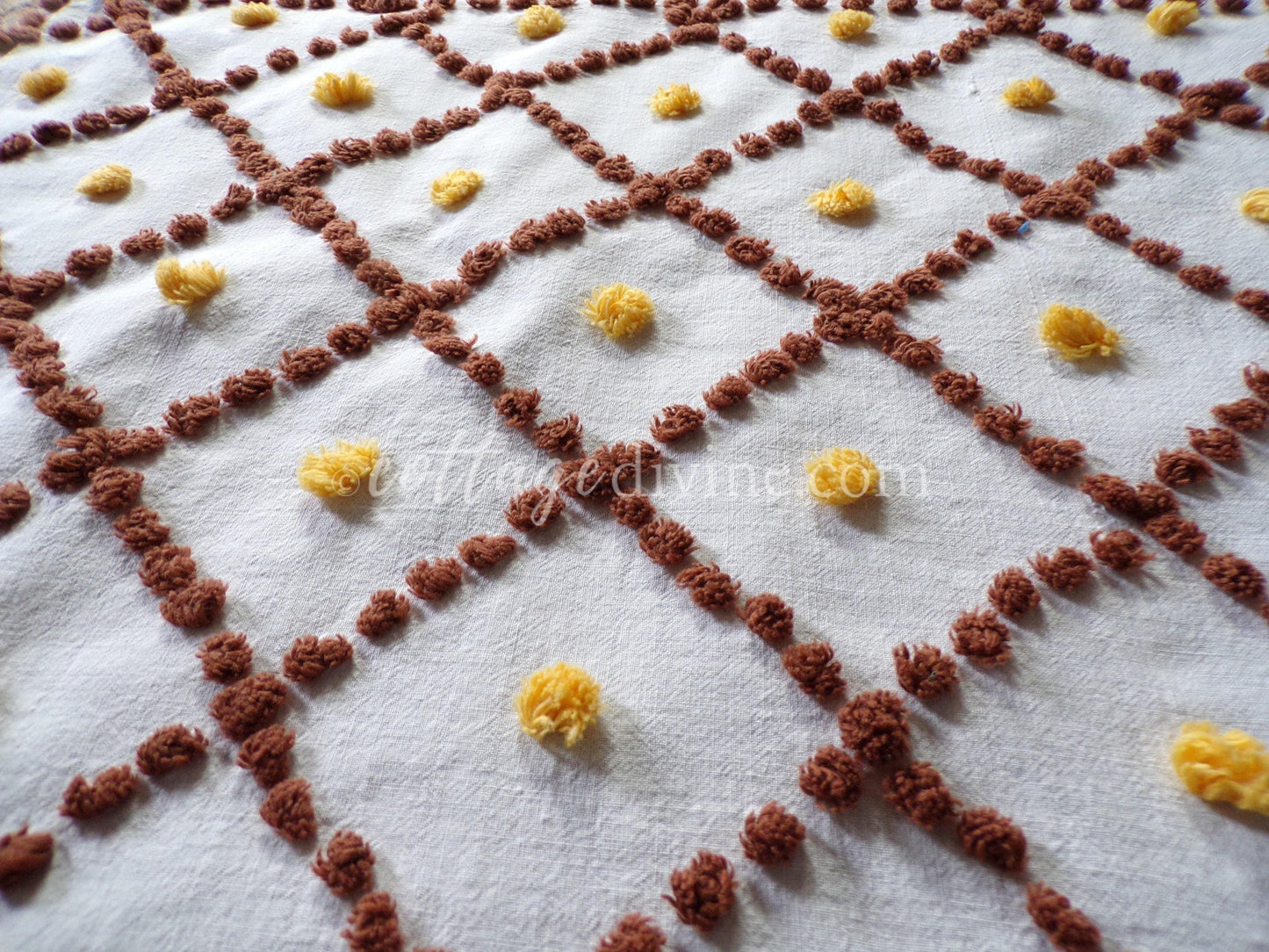 boho sunflower vintage chenille fabric, autumn gold & brown geometric florals on 100% cotton 22" x 28" cut piece