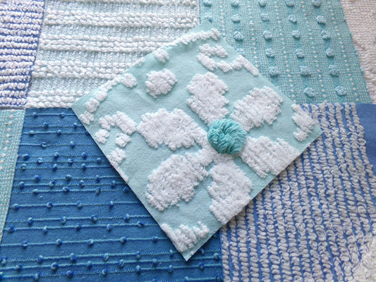 under the sea vintage 6" chenille squares in mermaid colors, set of 17 blue & aqua quilt blocks rotary cut from chenille bedspread fabrics