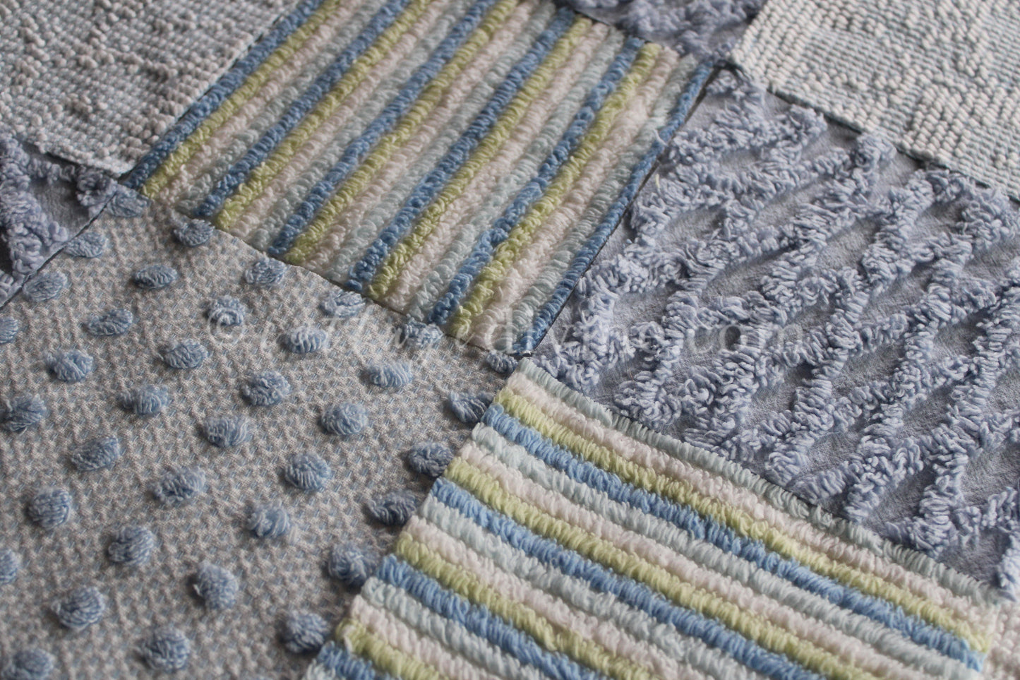 COOL COASTAL Chenille Quilt Squares Set, from Vintage Bedspread Fabric, 16 Blocks, 6" inch
