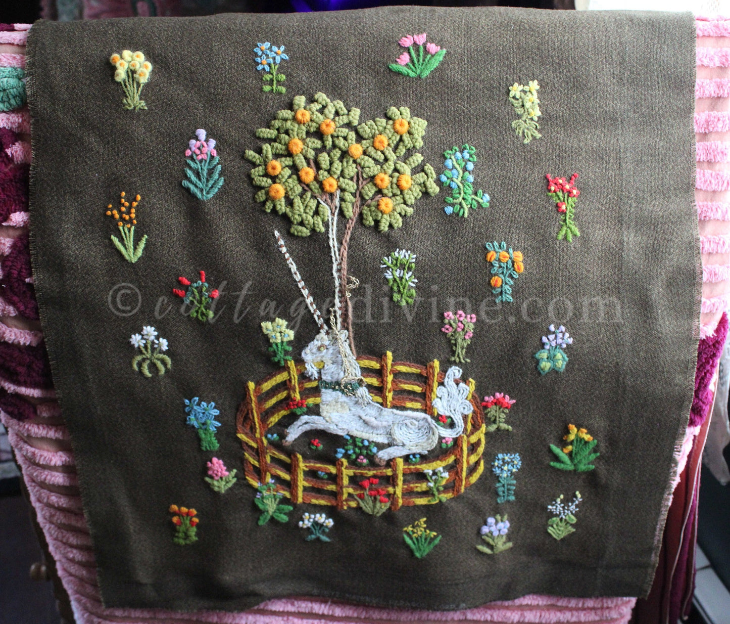 Unicorn in Captivity Completed Paragon Embroidery, Rare Crewel Stitchery, Medieval Old World Tapestry Style Adaptation