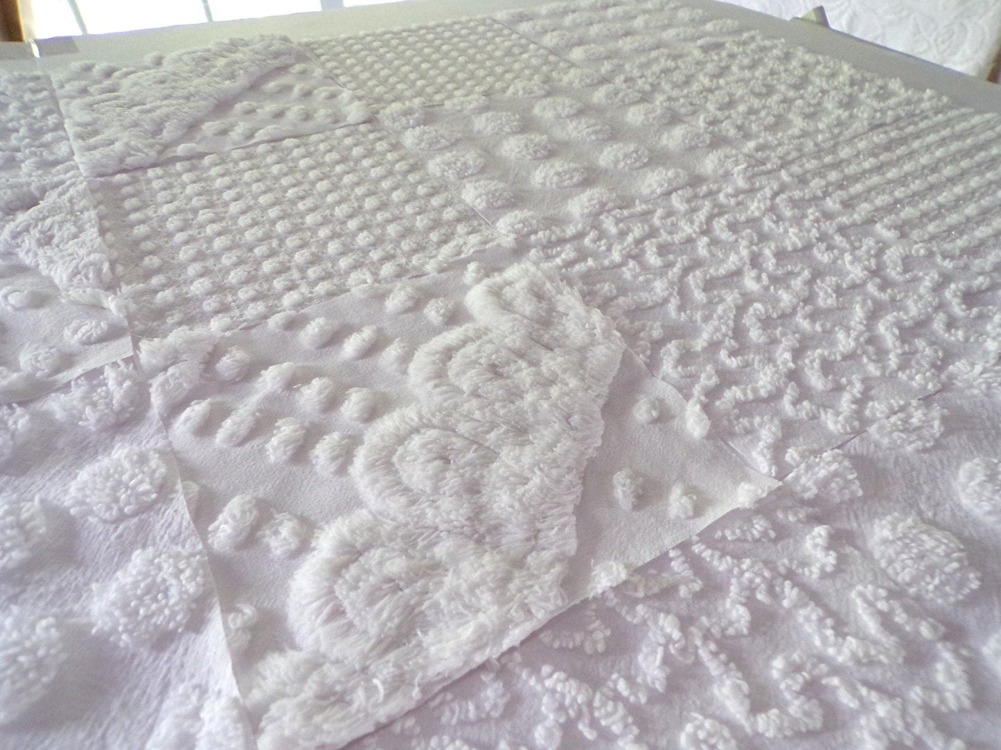 White Chenille Fabric Squares Set, "Let it Snow" 16 Vintage Quilt Blocks, 6" inch