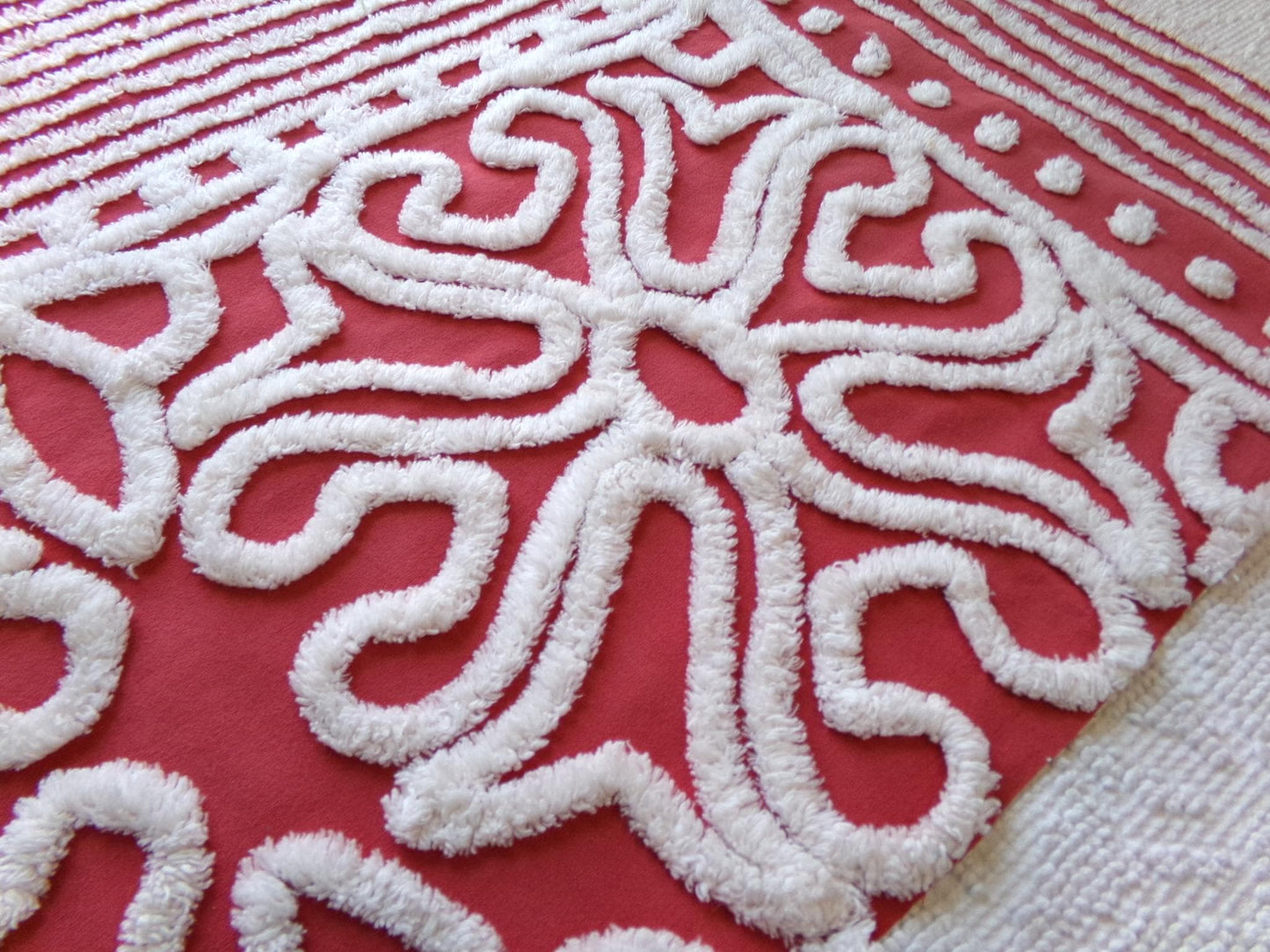 cherry red & white vintage chenille fabric, victorian scroll stripe design, 20" x 24" cut piece of craft, sewing, pillow, quilt material