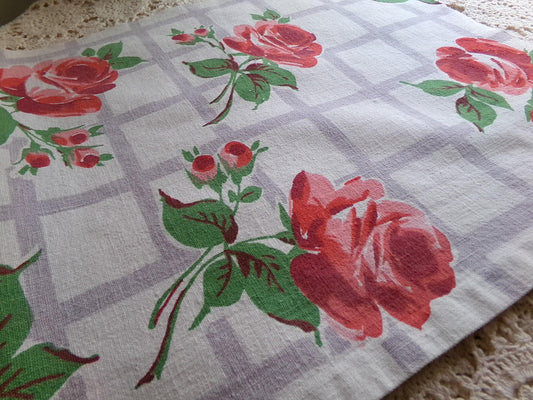 Romantic Lattice Rose Vintage Fabric Piece, Midcentury Style 14" x 31" inches for sewing material, upcycling, pc #1