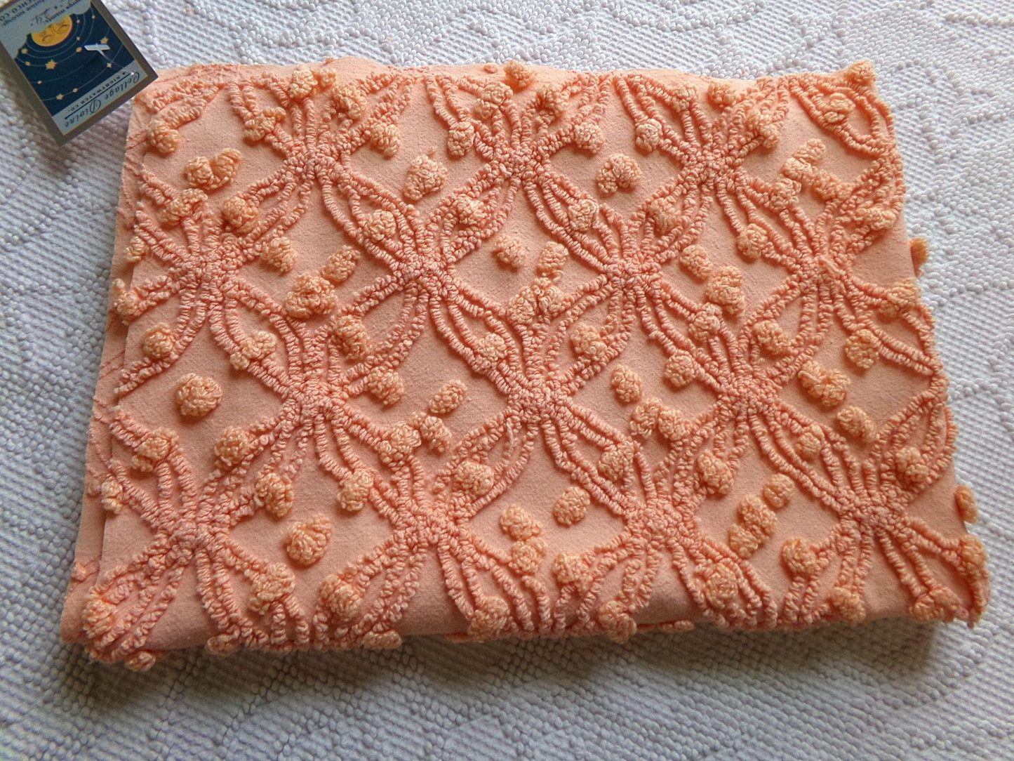 delicious peach vintage chenille fabric, 18" x 24" inch piece of cotton quilt & sewing material, overtufted pops wedding ring design