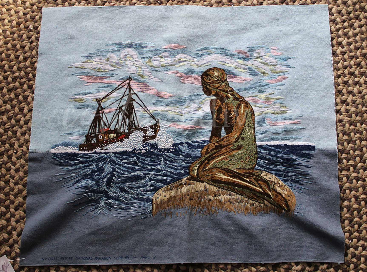 Vintage THE MERMAID Finished 1970s Embroidery Piece, Completed Paragon Crewel Stitchery 0411, Adele Veres