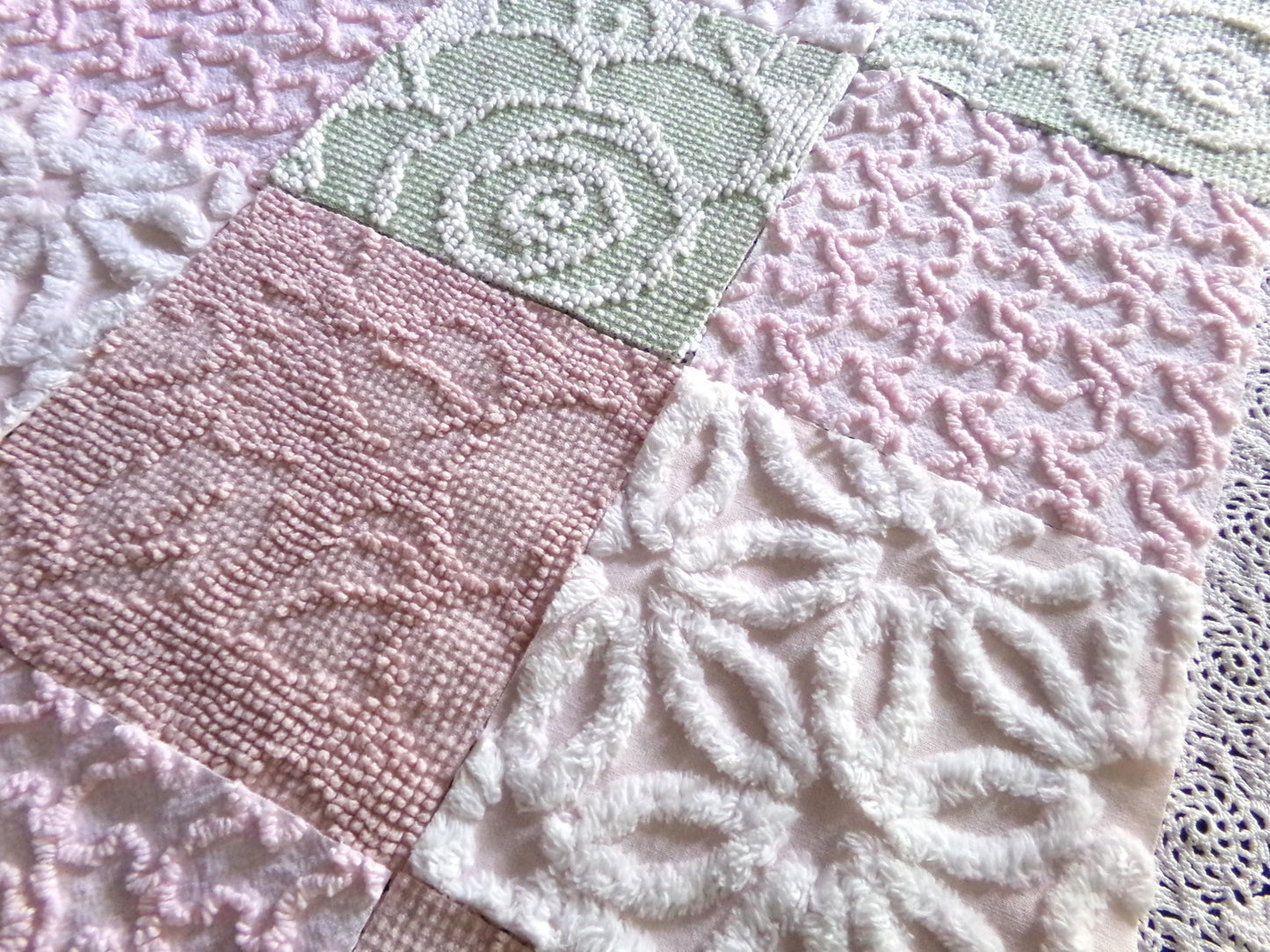 Garden Walk Chenille Quilt Squares Set from Vintage Bedspread Fabric, 16 Blocks, 6" inch in Sage Green, Pink, Rose Mist & Whispers of White