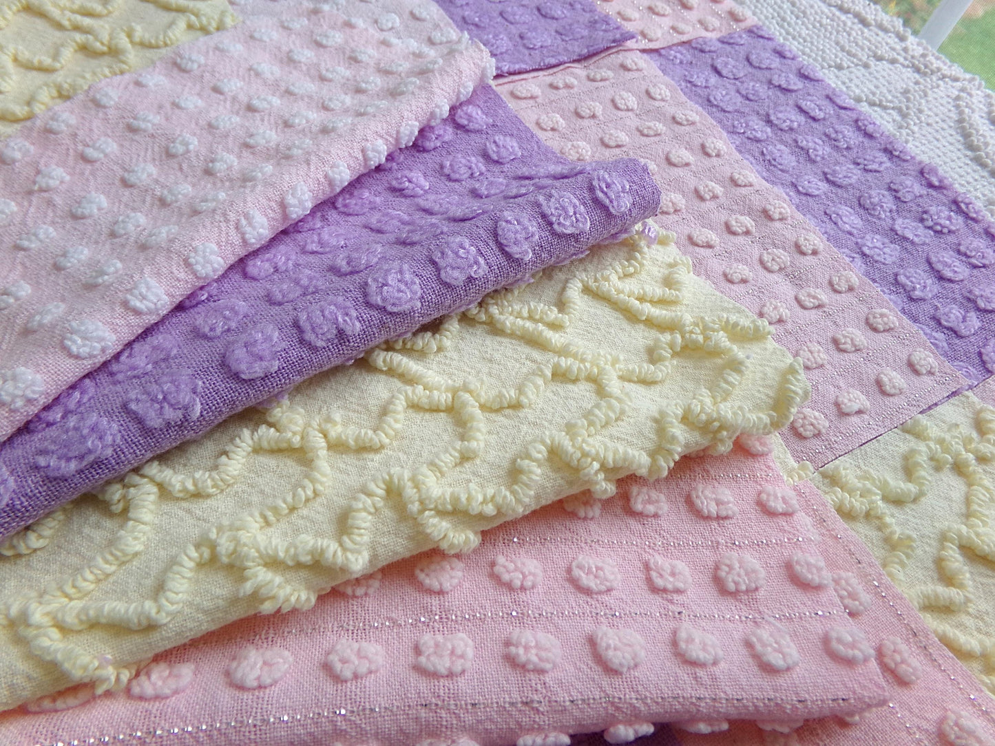 fairy magic 6" chenille fabric squares, set of 16 pink, yellow & lavender quilt blocks for quilting, sewing, crafts