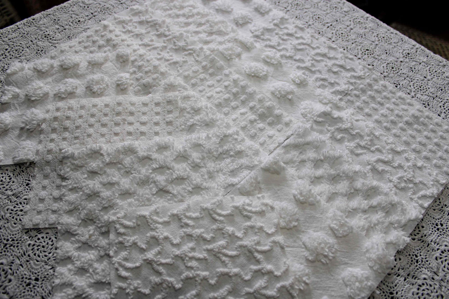 white chenille fabric squares in dynamic textures, coin dots, lattice, mini pop sparkle & squiggles, 16 vintage quilt blocks, 6" x 6" ea