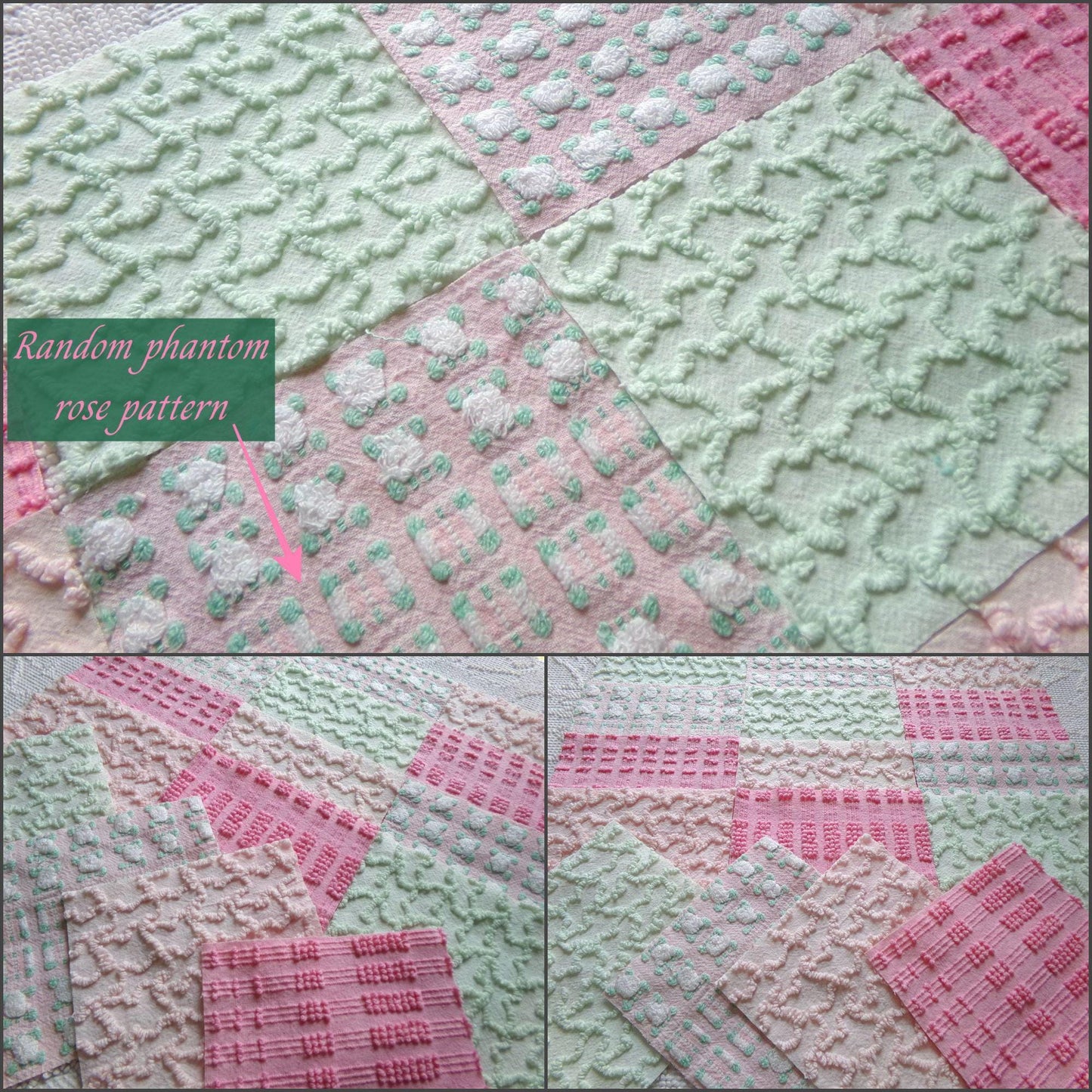phantom rose 6" chenille squares, green, pink, white rosebud, set of 16 quilt blocks rotary cut from vintage chenille bedspread fabrics