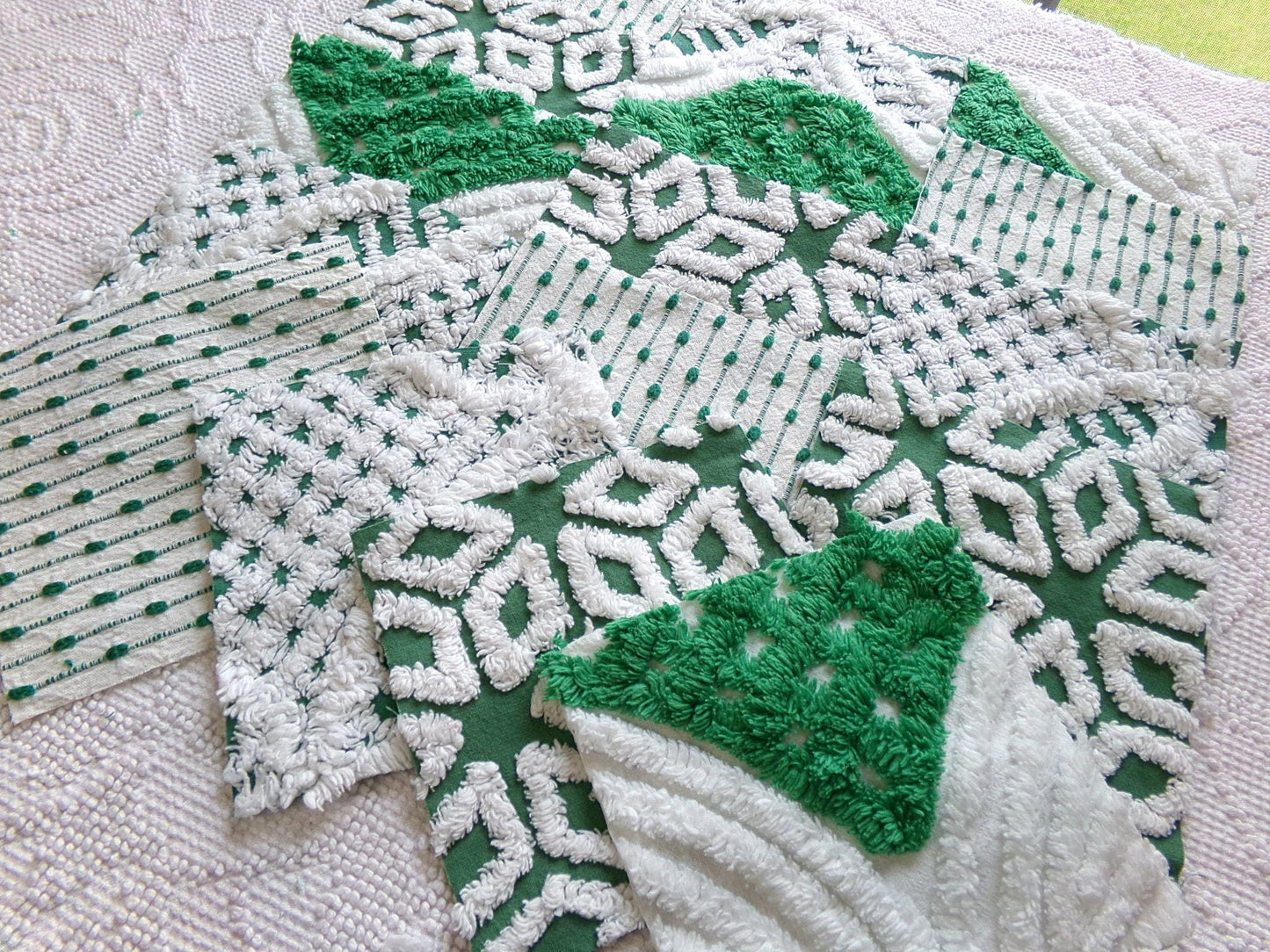 preppy green chenille fabric squares, set of 16 vintage 6" craft blocks, geometric designs for quilt inlays, pillows, fiber arts