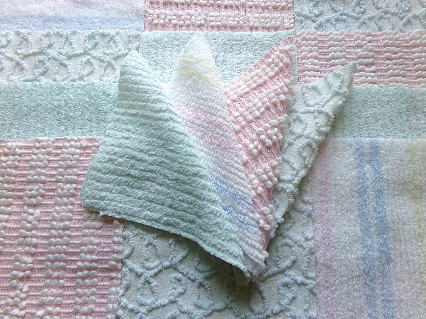vintage chenille fabric squares, "summer rainbow" set of 16 pastel 6" quilt blocks, gentle geometric patterns, for quilting, crafts & sewing