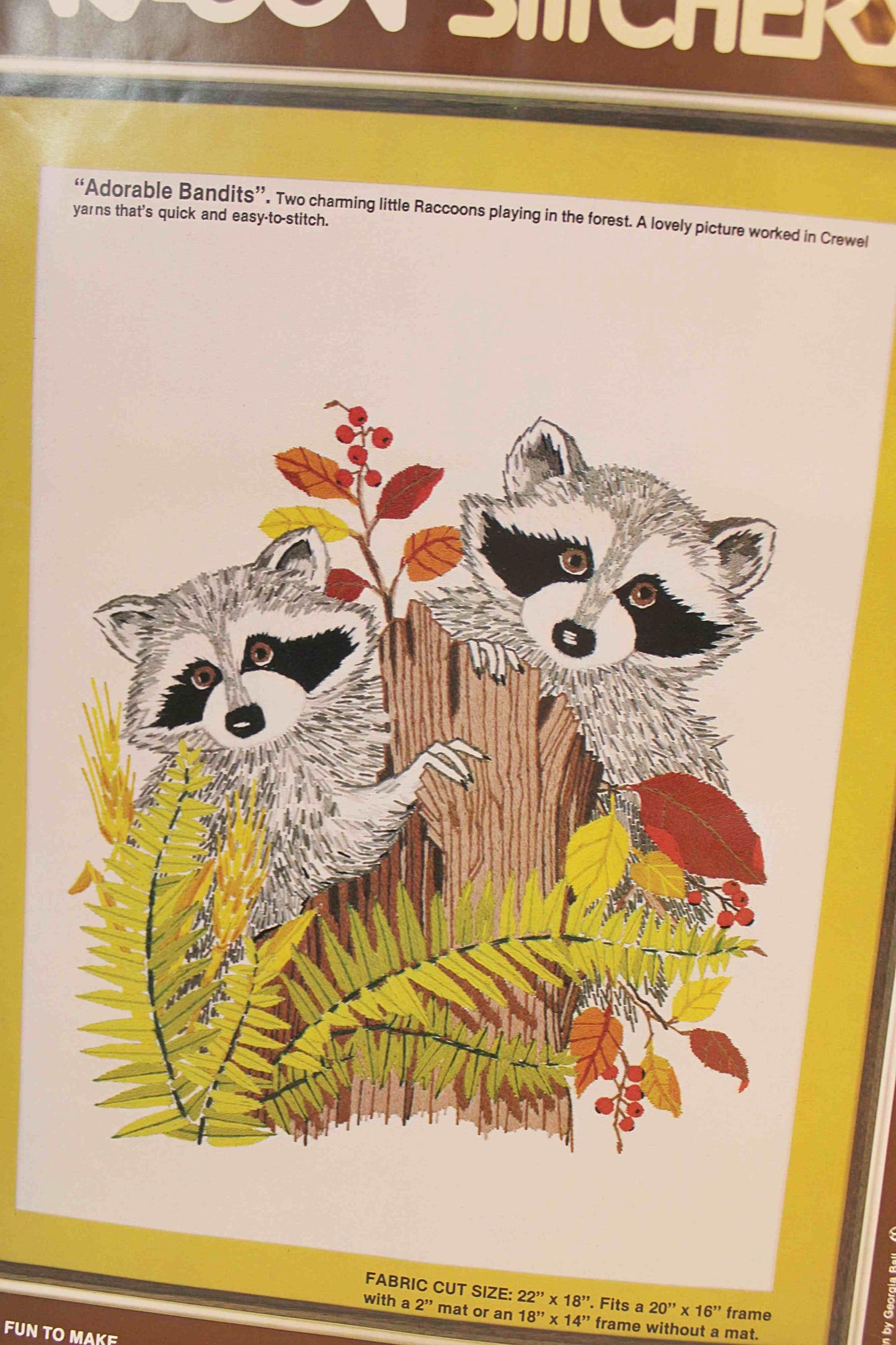 ADORABLE BANDITS Vintage Paragon Needlecraft CREWEL Embroidery Stitchery Kit #0945, Cute Woodland Raccoons, a Georgia Ball Design