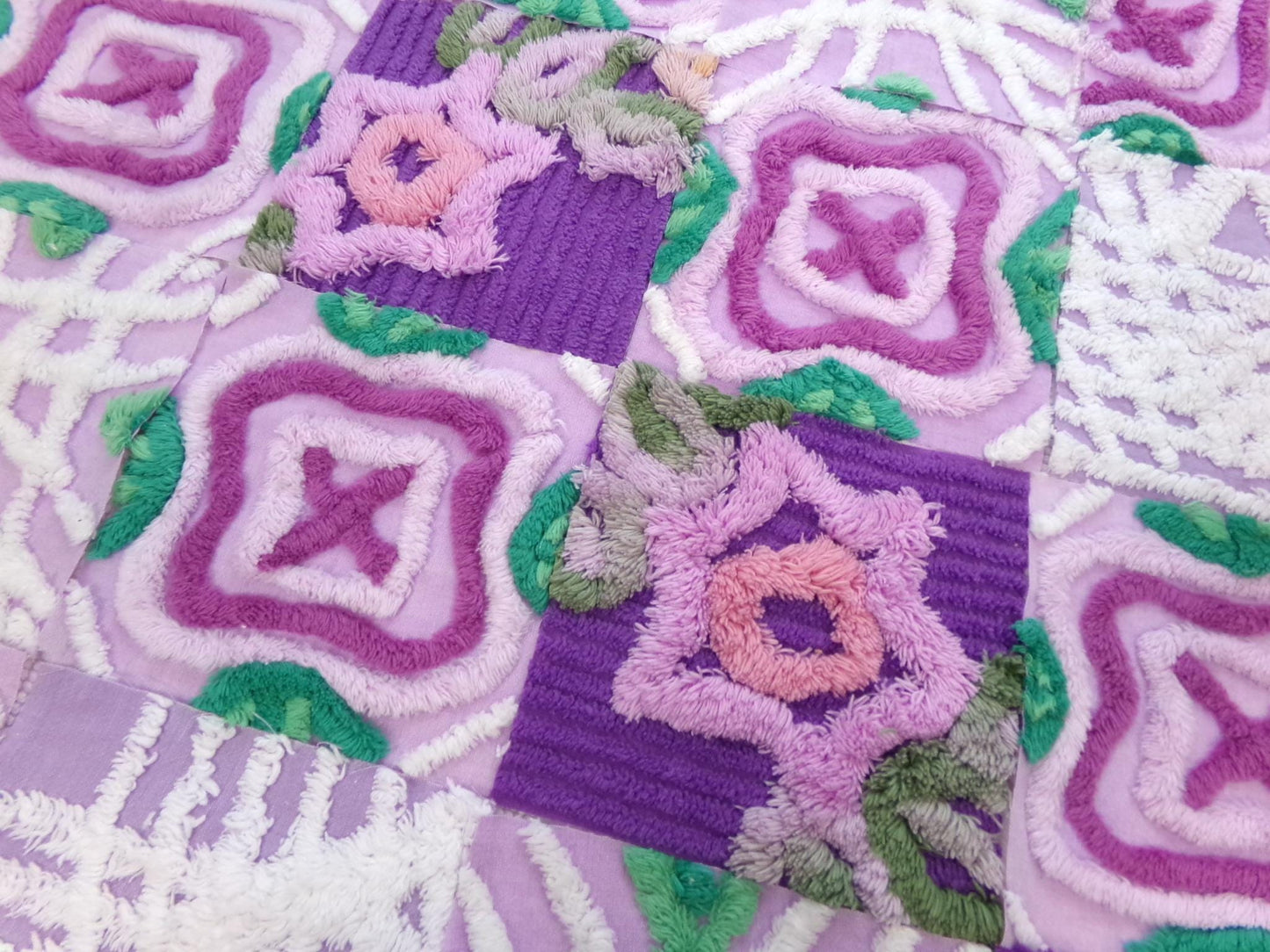 moondance chenille fabric squares, set of 16 vintage 6" craft blocks, lavender purple roses & white for quilt inlays, pillows, fiber arts