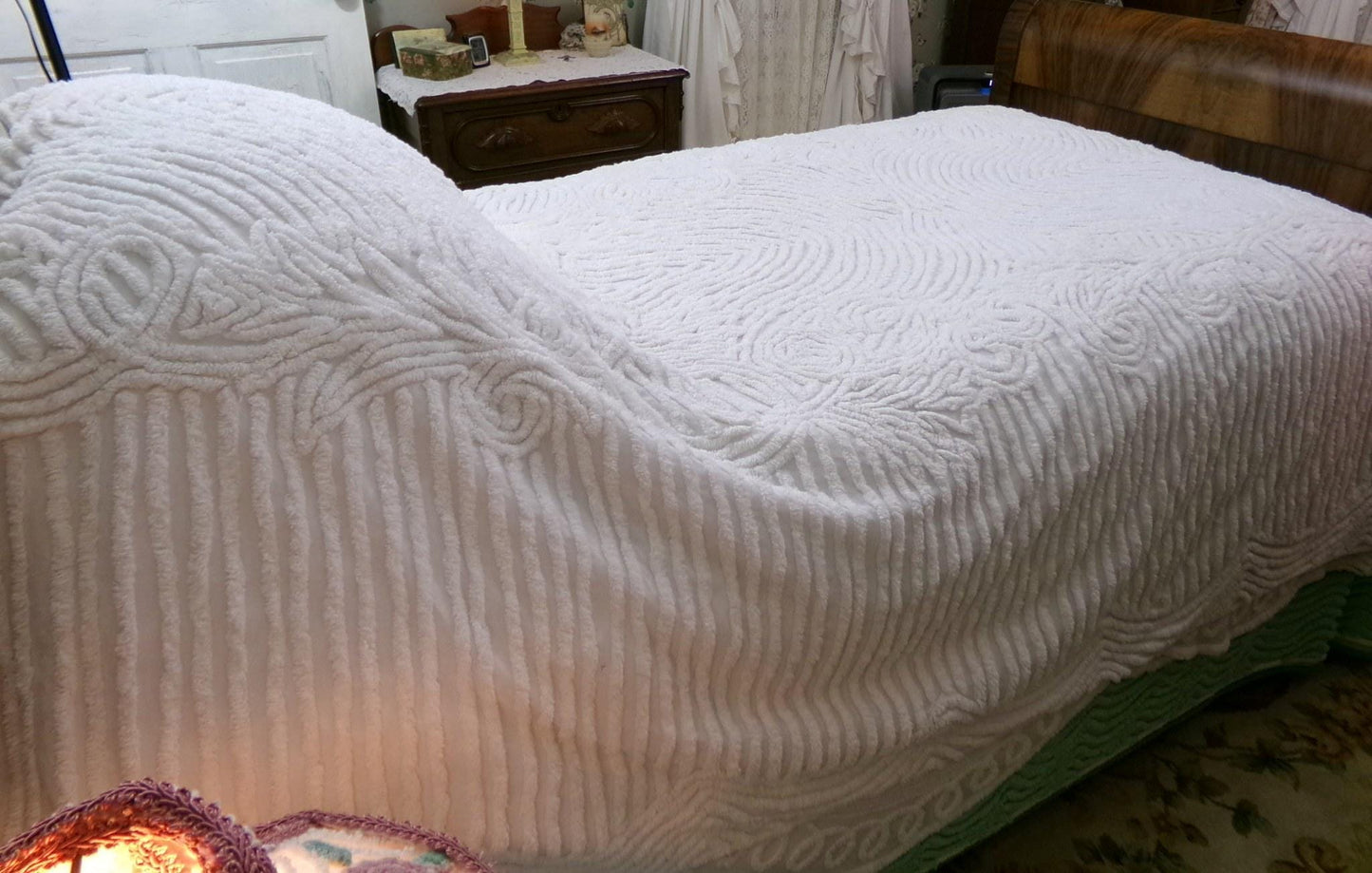 mystic shadow vintage chenille bedspread, plush white swirl designs, TWIN size farmhouse style cotton bedding