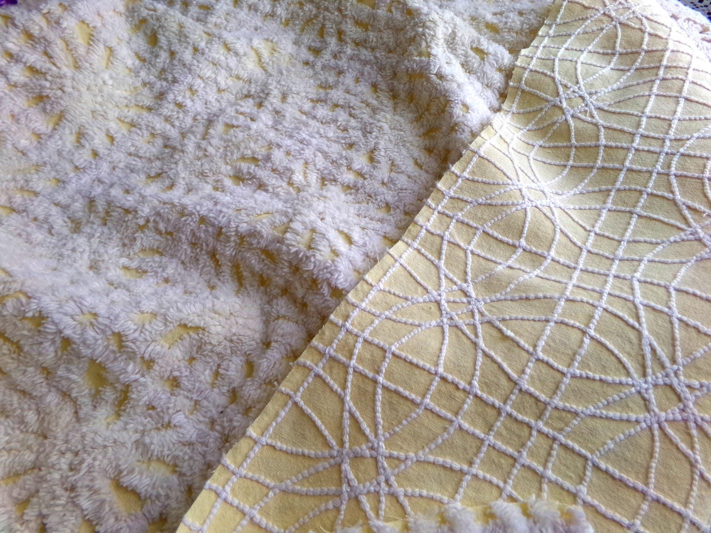 buttercup yellow vintage chenille fabric with thickly tufted spider tufts, 19" x 26" inch piece of quilt material for sewing & crafts