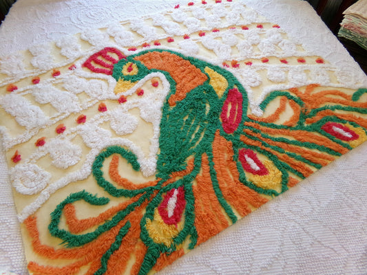 Vintage Bold Peacock Motif Chenille Fabric - Bright Colorful Sewing Material 20" x 26"