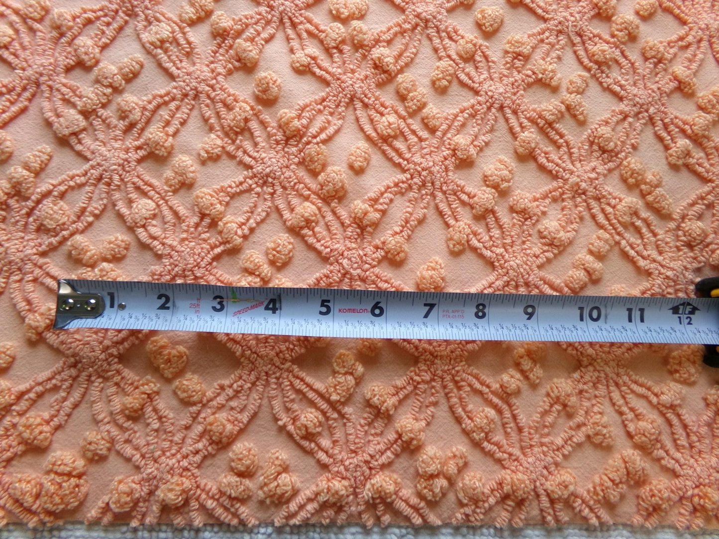 delicious peach vintage chenille fabric, 18" x 24" inch piece of cotton quilt & sewing material, overtufted pops wedding ring design