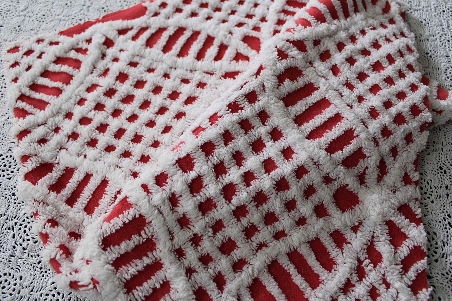 red & white chenille fabric, fun festive wedding rings, 19" x 27" inch piece, 100% lightweight cotton, great for vintage Christmas stockings