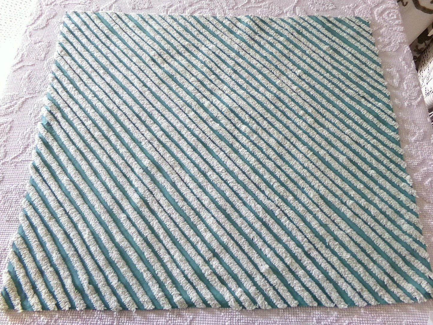 eyecatching plush stripes vintage chenille fabric, tonal green diagonal striped lines, 22" x 25" inch piece of sewing material