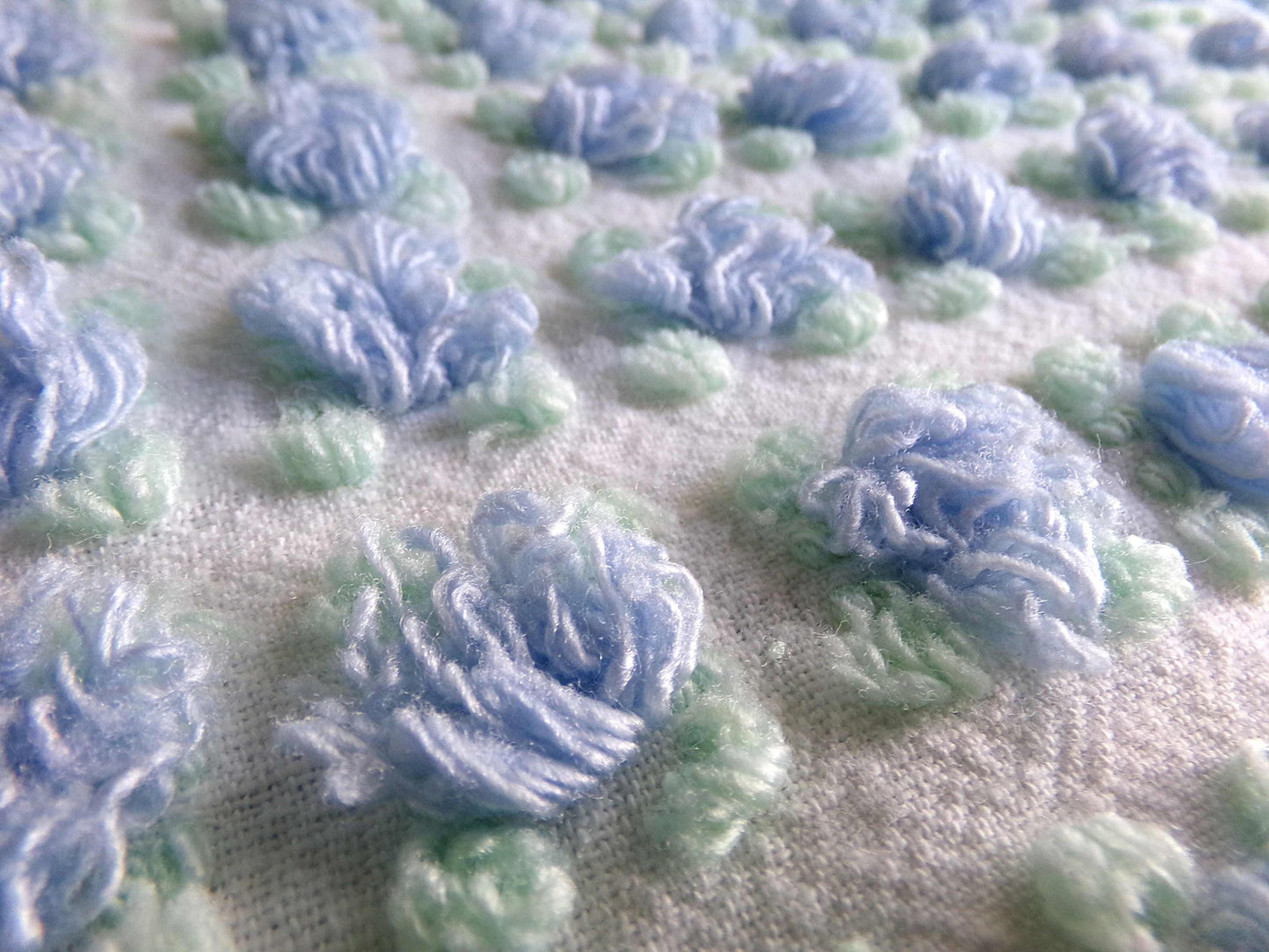 Heavenly Blue Rosebud Vintage Chenille Fabric, Morgan Jones Rose Design, 24" x 18" inch Piece, Angelic Raised Roses on White
