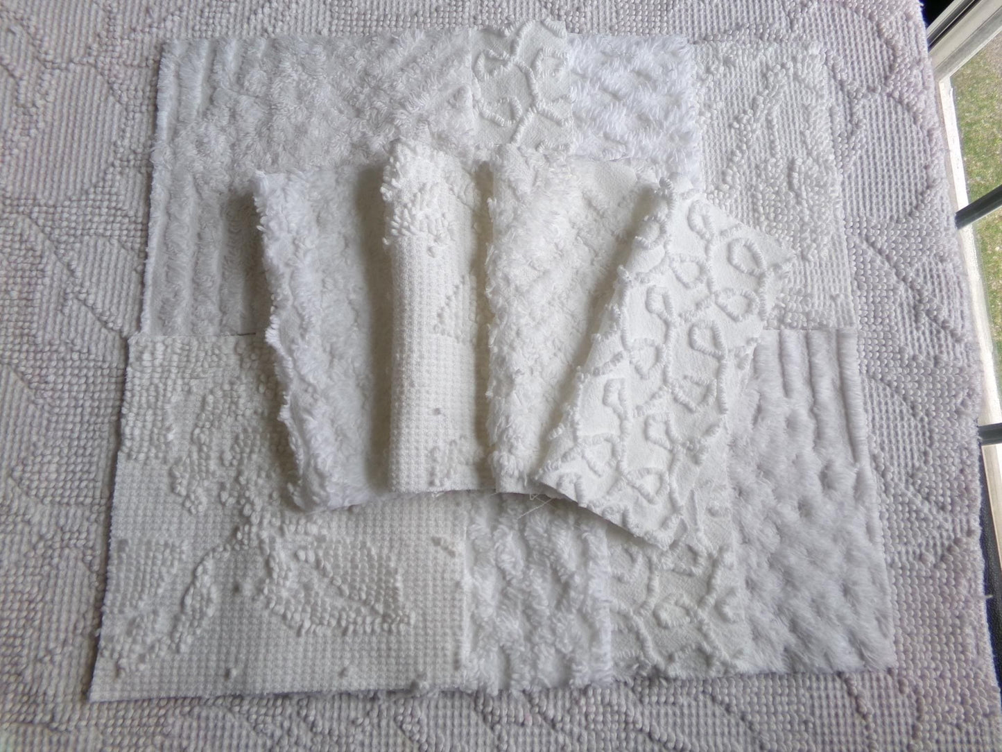 white vintage 6" chenille squares, set of 12 quilt blocks in a classic selection of popular patterns for sewing & crafts