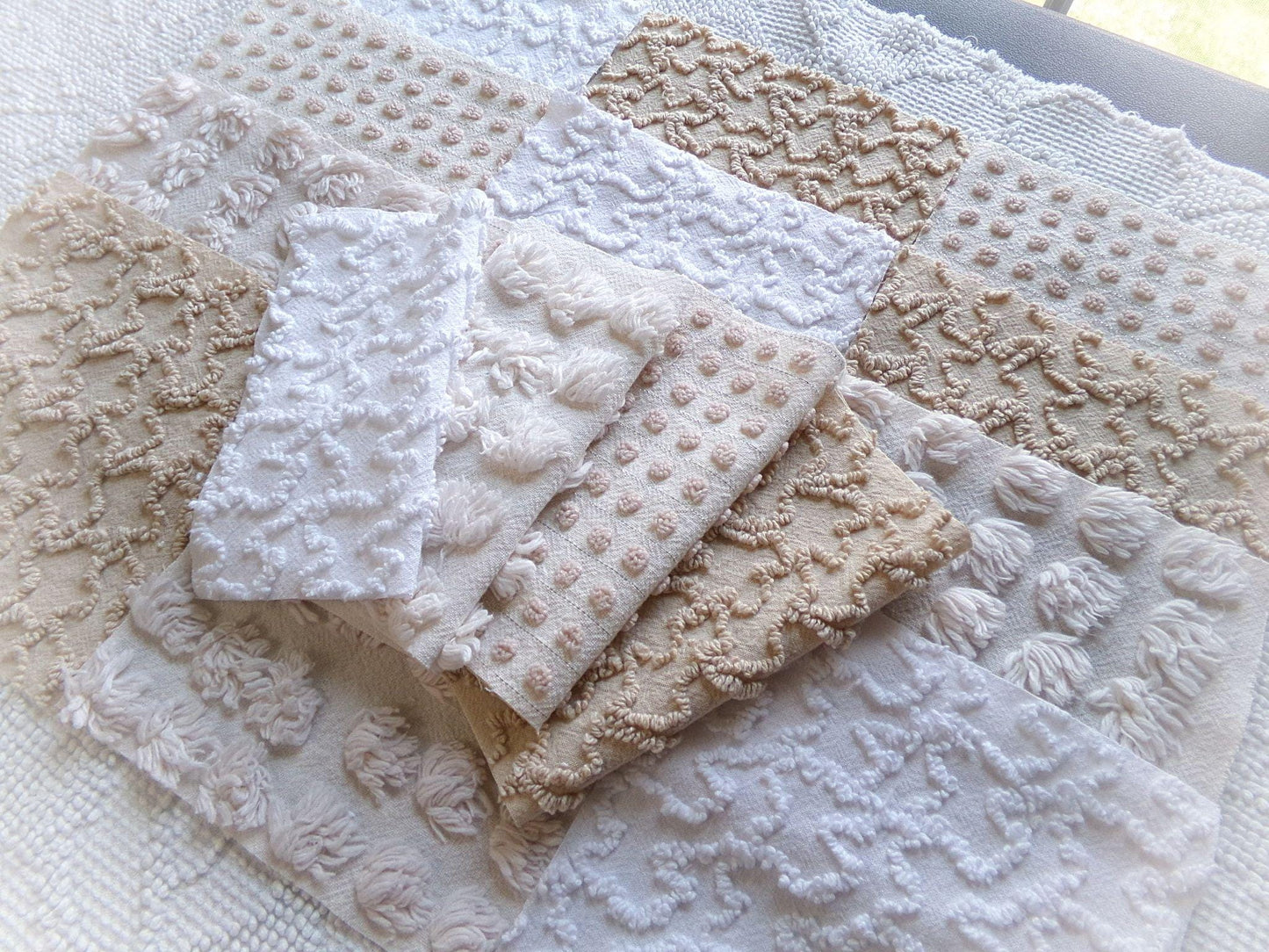 Neutral Modern Mocha & White Chenille Fabric Squares Set, 16 Vintage Quilt Blocks, 6" x 6" inches each, for Quilting, Sewing, DIY Pillows