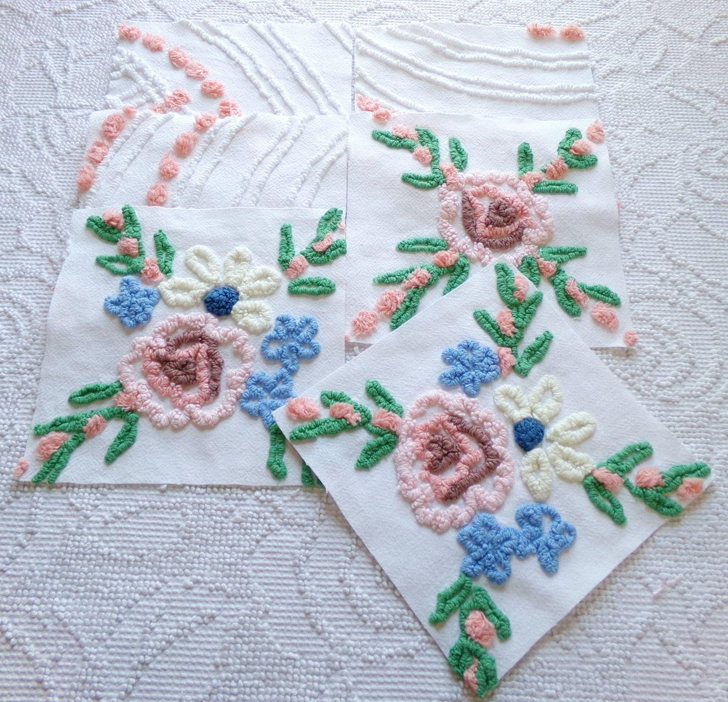 vintage 7.5" chenille fabric squares, set of 6 cottage style quilt blocks, peach, white rose floral & geometric for sewing, crafts, quilting