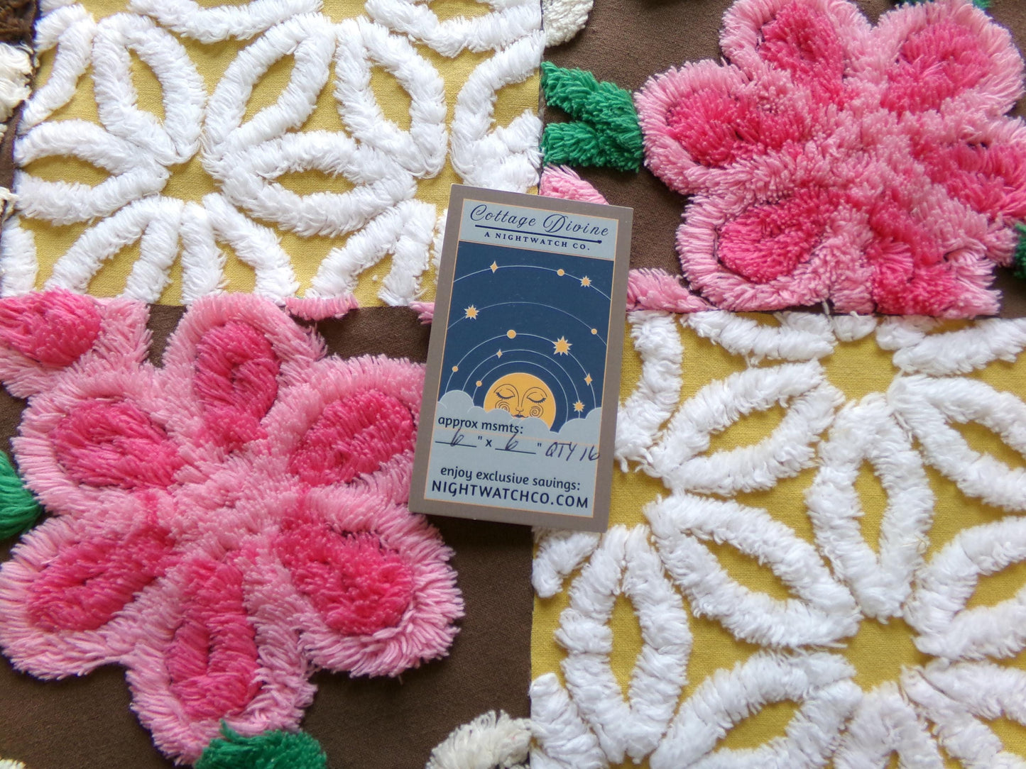 vintage chenille fabric squares, "fairy trail" set of 16 chocolate & pink 6" quilt blocks for quilting, crafts, sewing