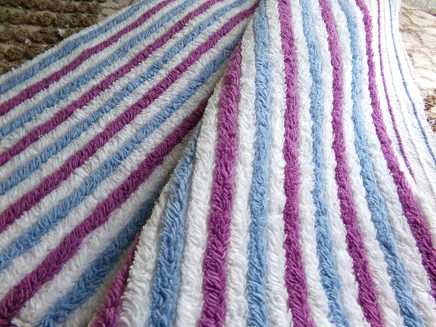 Blue Raspberry Striped Vintage Chenille Fabric, 18" x 24" Piece, Soft Plush Stripes
