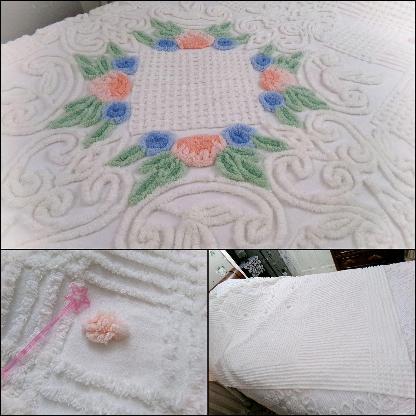 roses in winter vintage chenille bedspread, white cotton summer coverlet, classic cottage style full size bedding