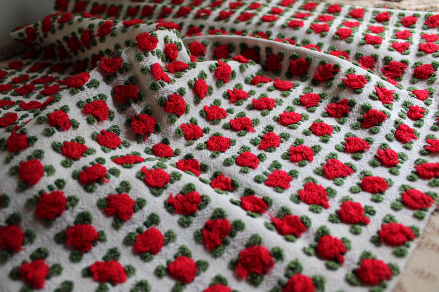 Striking Red Rosebud Vintage Chenille Fabric from Morgan Jones Roses Bedspread, 18" x 24" inch Piece