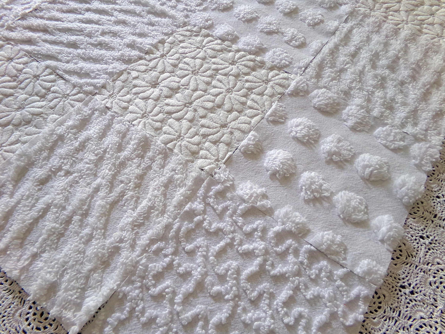 White Fabric Squares Cut from Vintage Woven & Chenille Bedspreads, *Daisies in Snow* Shades of White, 16 Quilt Blocks, 6" x 6" inch each
