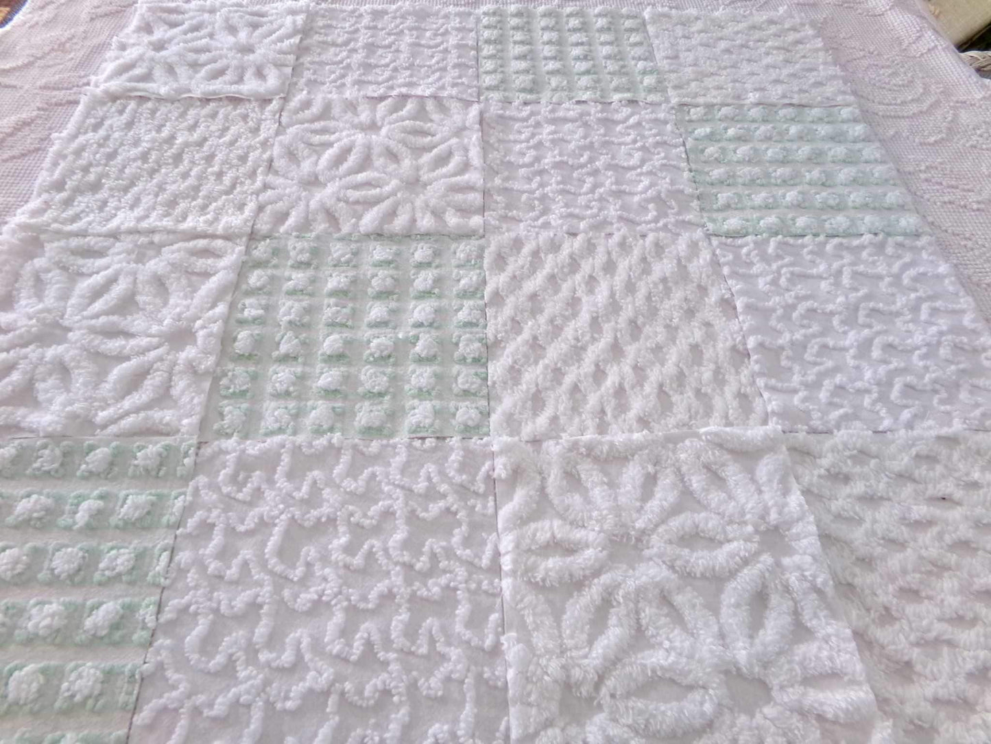 winter rose chenille fabric squares, white rosebud, daisy & geometric mix, vintage craft square set of 16 quilt blocks, 6" x 6" inch