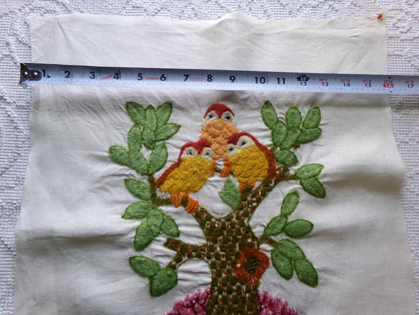 Hippie Fairytale Owl Embroidery Finished 1970s Piece, "Winkin, Blinkin & Nod," Cute Completed Paragon Crewel Stitchery 02236x, 16" x 19"