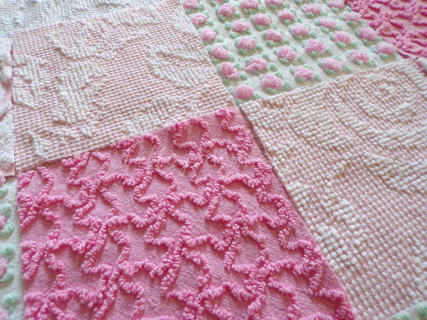Must Love Pink Chenille Quilt Squares Set from Vintage Bedspread Fabric, 16 Blocks, 6" inch