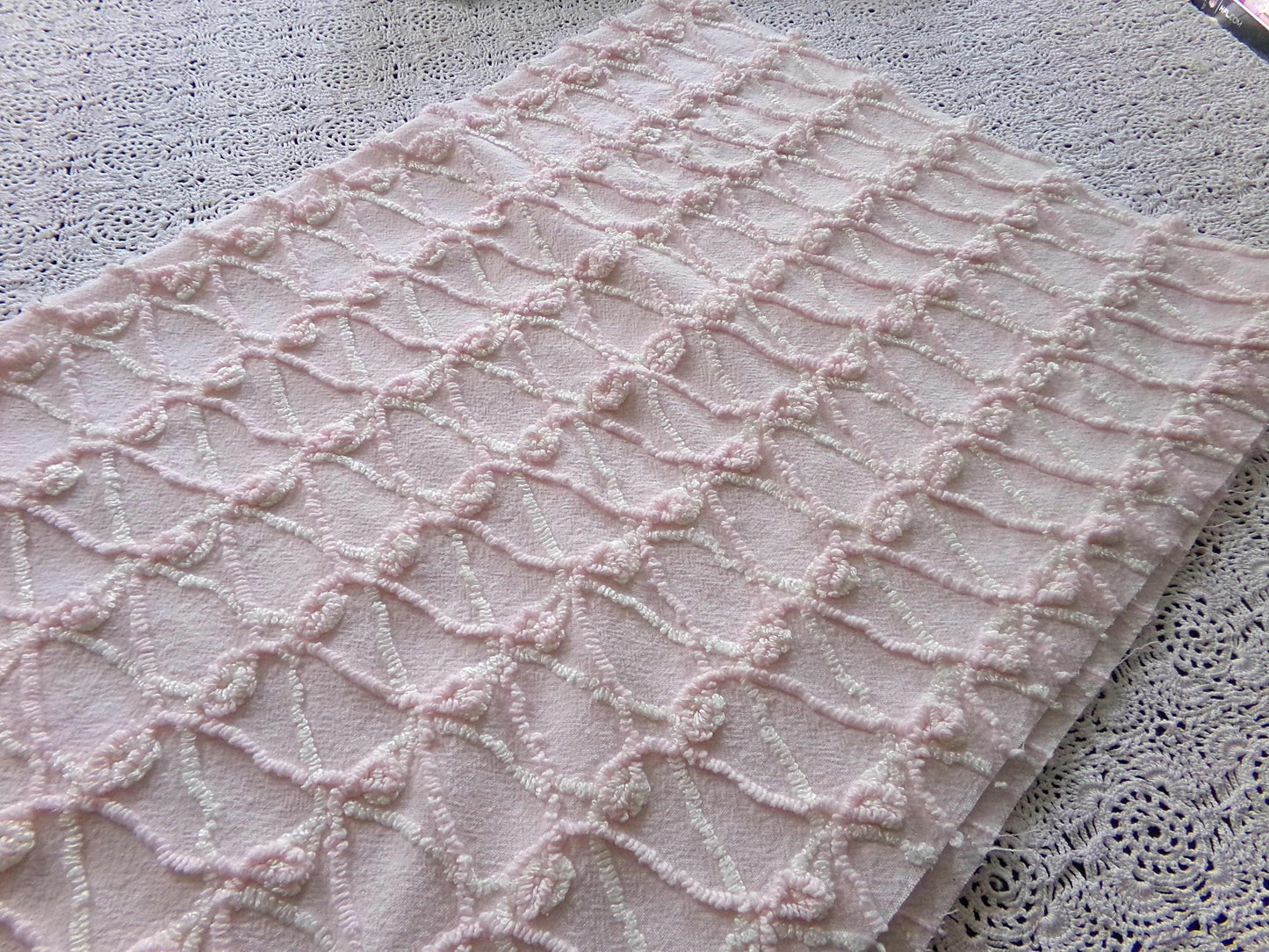 Eternity Knots Vintage Chenille Fabric Material, 19" x 26" inch Piece, Lovely Feminine Pastel Pink & Iridescent Vanilla Cream