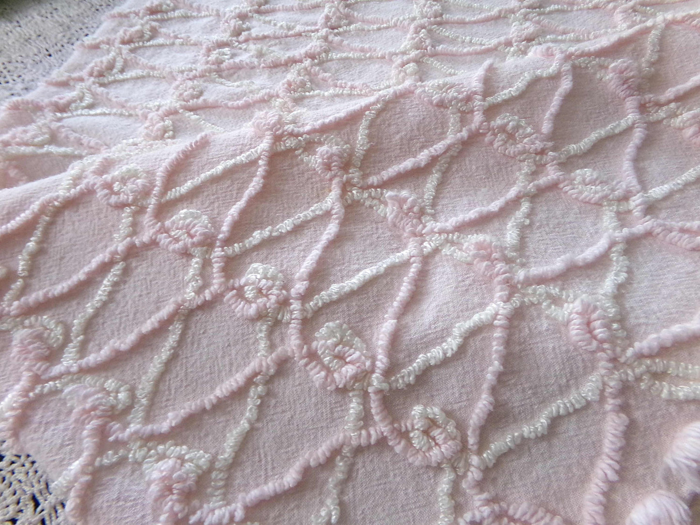 Eternity Knots Vintage Chenille Fabric Material, 19" x 26" inch Piece, Lovely Feminine Pastel Pink & Iridescent Vanilla Cream