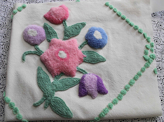 sculpted floral vintage chenille fabric, tulip peony flowers & little green bows, 20" x 25" inch piece of cotton sewing material for pillows