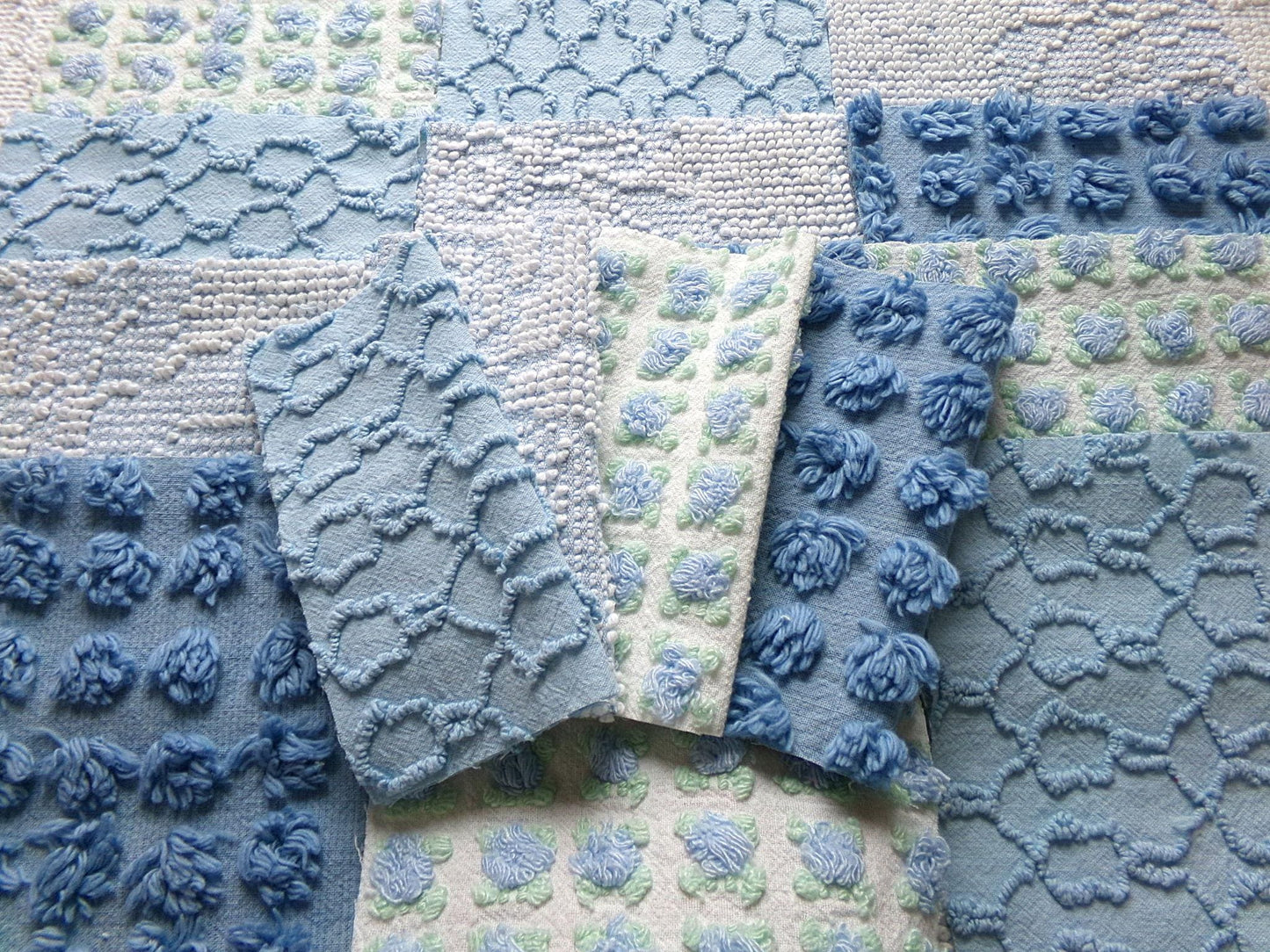 magical moonglow chenille fabric squares, 16 vintage 6" quilt blocks in blue & white, for sewing, crafts, fiber arts