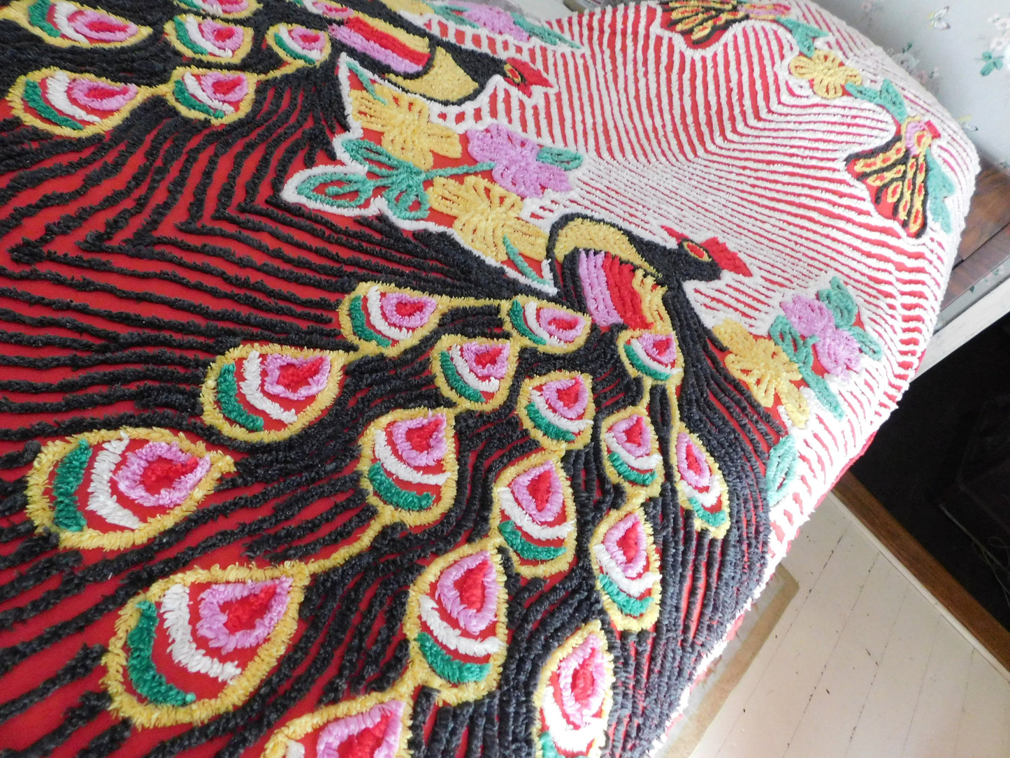 Vivid Red Peacock Vintage Chenille Bedspread, Rainbow Lovebirds with Gothic Black Feathers, 100% Cotton Full Size Bedding