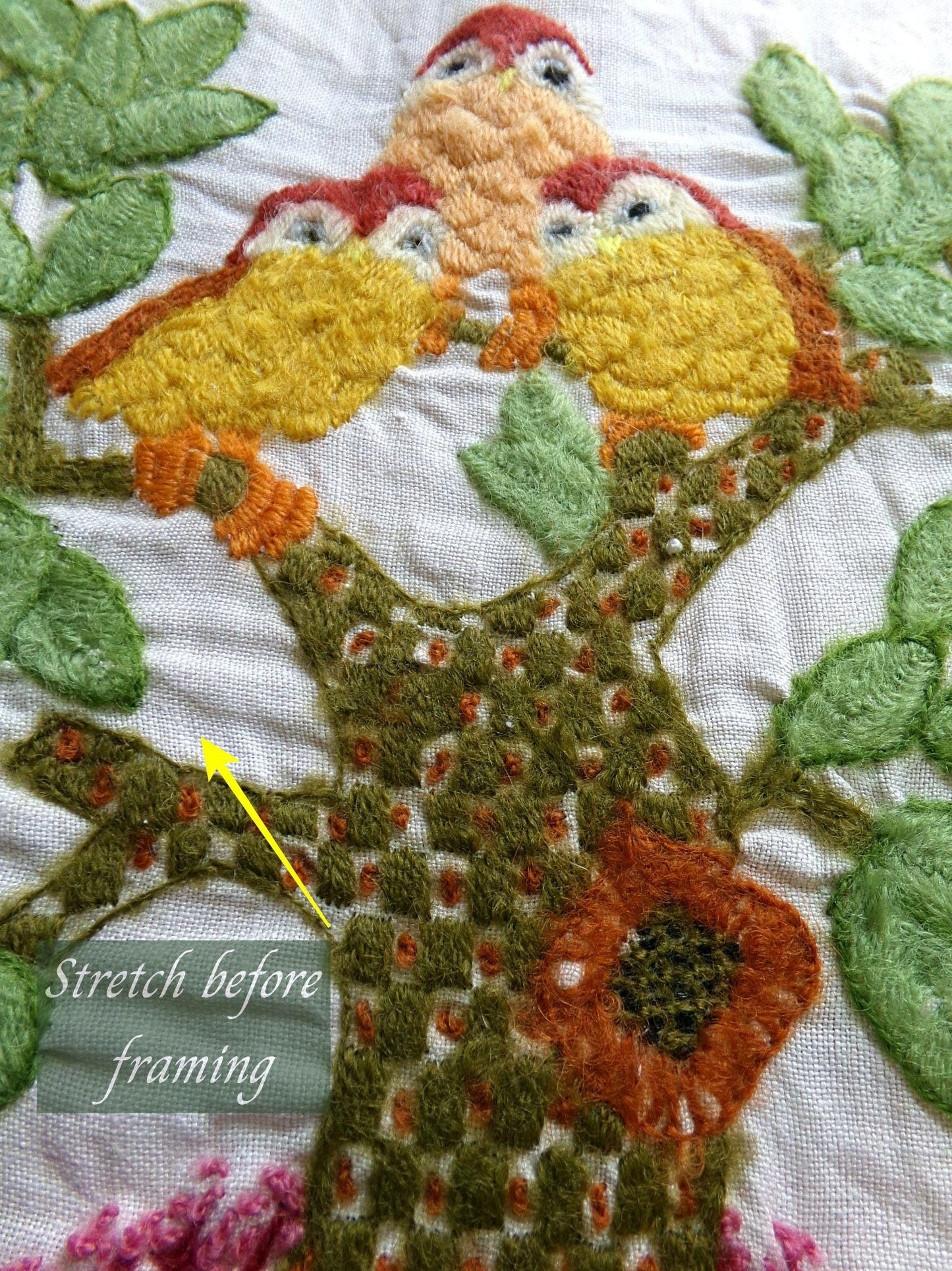 Hippie Fairytale Owl Embroidery Finished 1970s Piece, "Winkin, Blinkin & Nod," Cute Completed Paragon Crewel Stitchery 02236x, 16" x 19"
