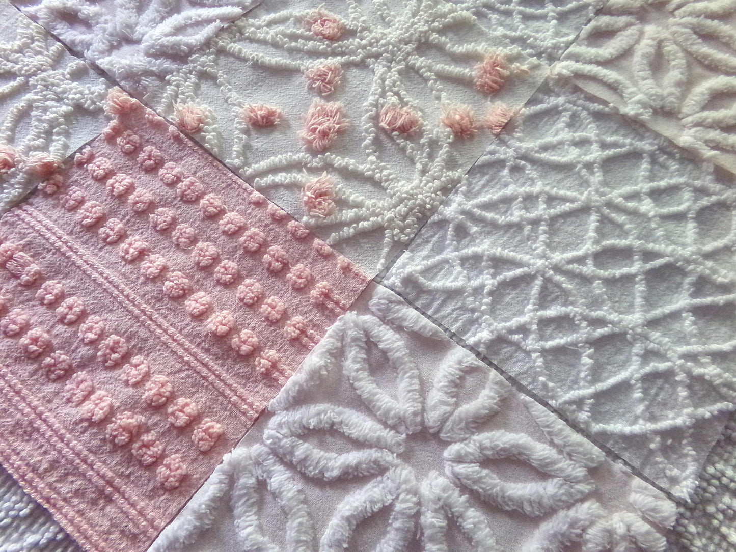 Chenille Fabric Squares Set, "Charmed", 16 Vintage Quilt Blocks, 6" inch in Pinks & White
